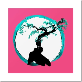 ocean teal tree of life on a enso circle - Sumi inspired Bonsai tree Posters and Art